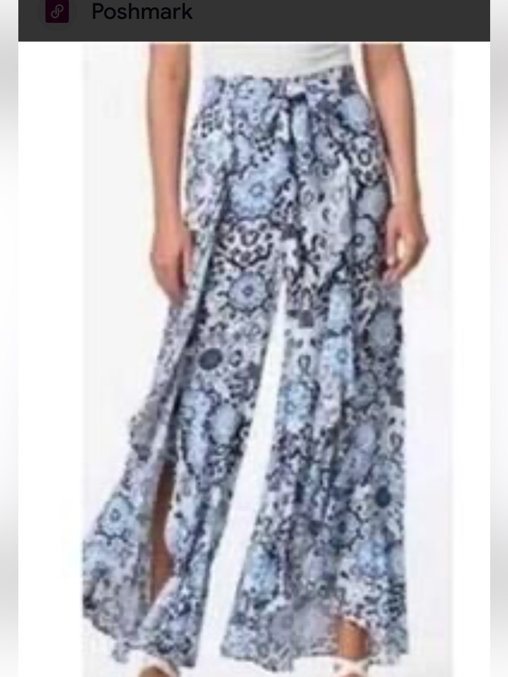 Cato Light Blue and Navy Floral Tie-Waist Pants Cato